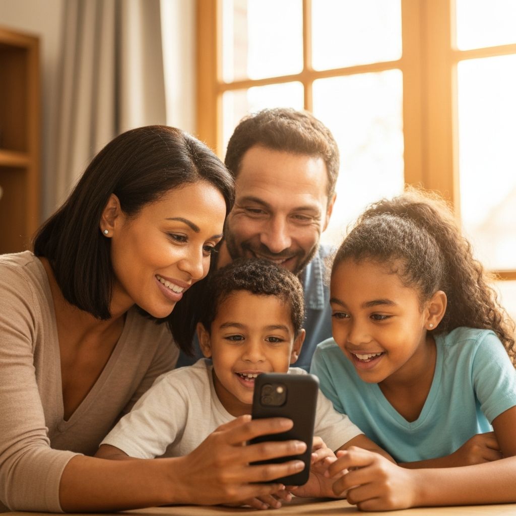 Família feliz planejando finanças