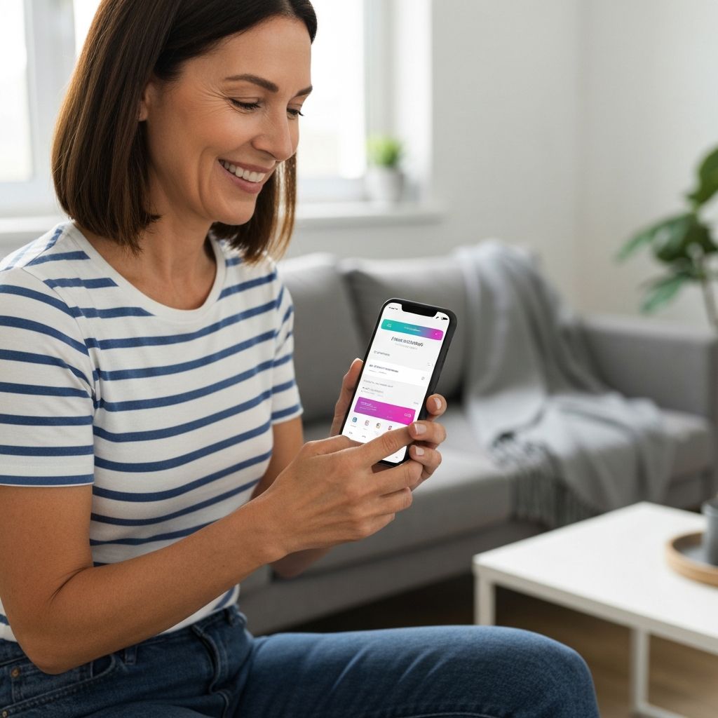 Pessoa feliz usando aplicativo de finanças